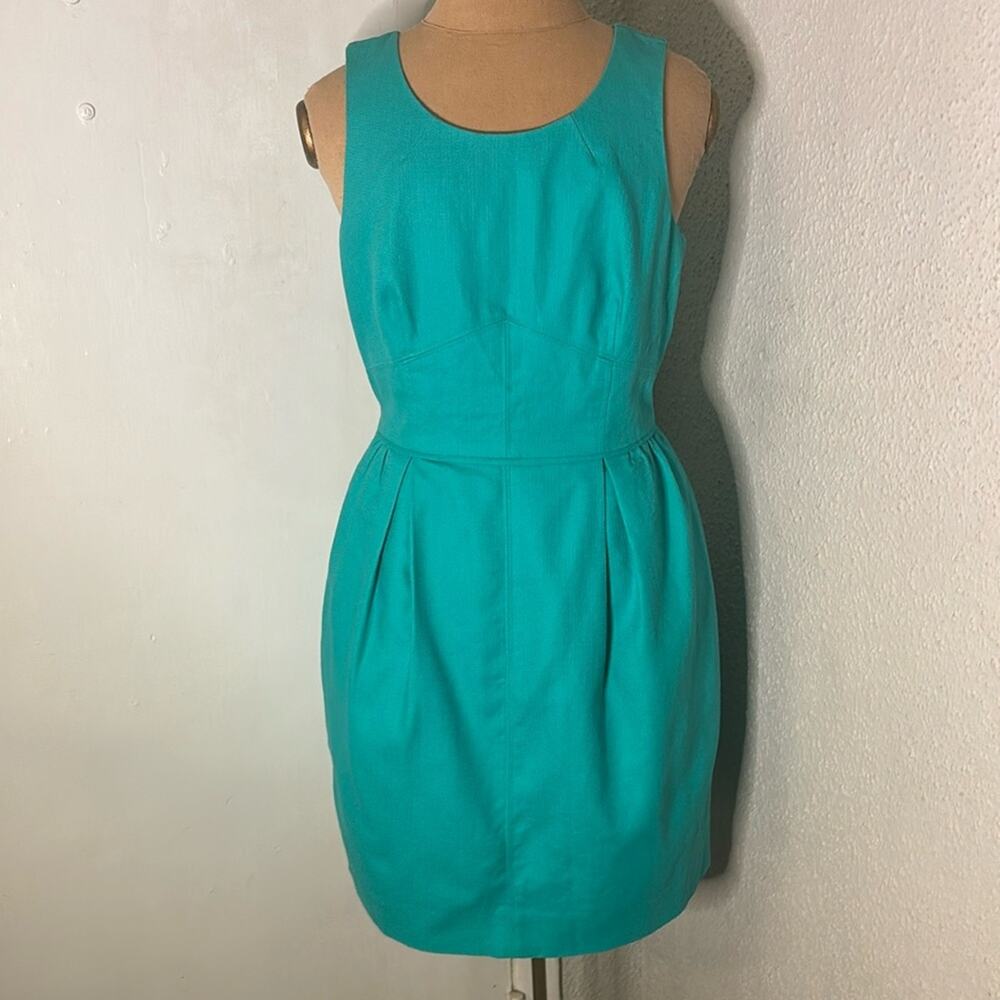 J Crew Factory Green Textured Cotton Sheath Dress 4 Sleeveless Pleated Preppy